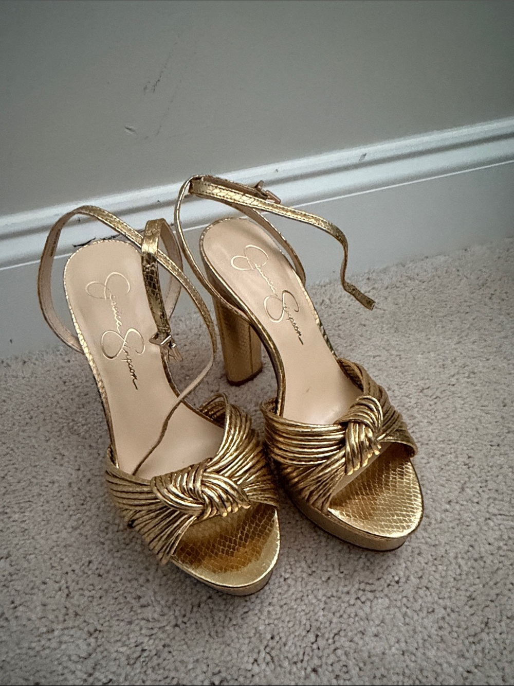 Jessica Simpson Metallic Gold Knotted Ankle-Strap Heels